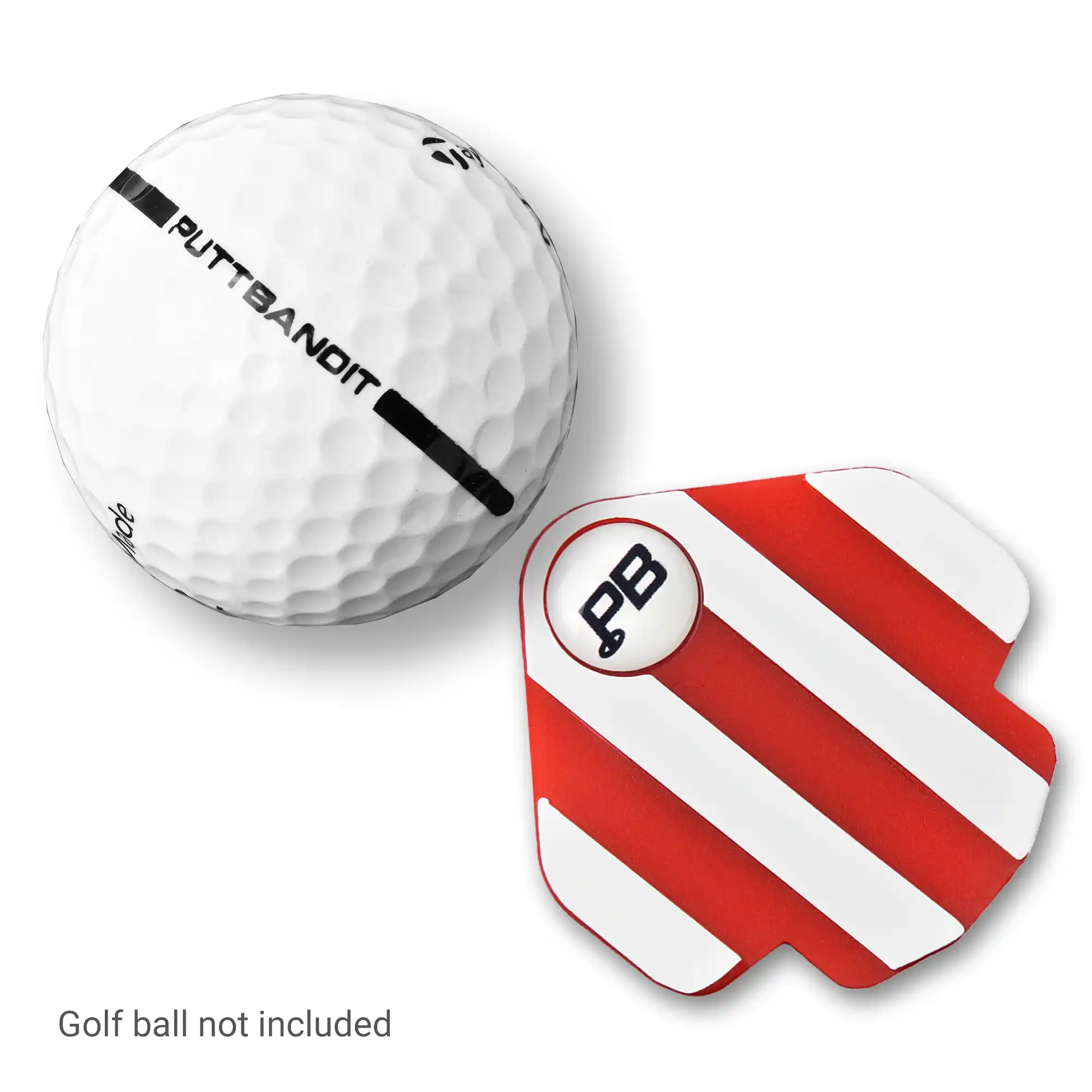 Puttbandit Classic red golf ball marker top view with golf ball, not included text