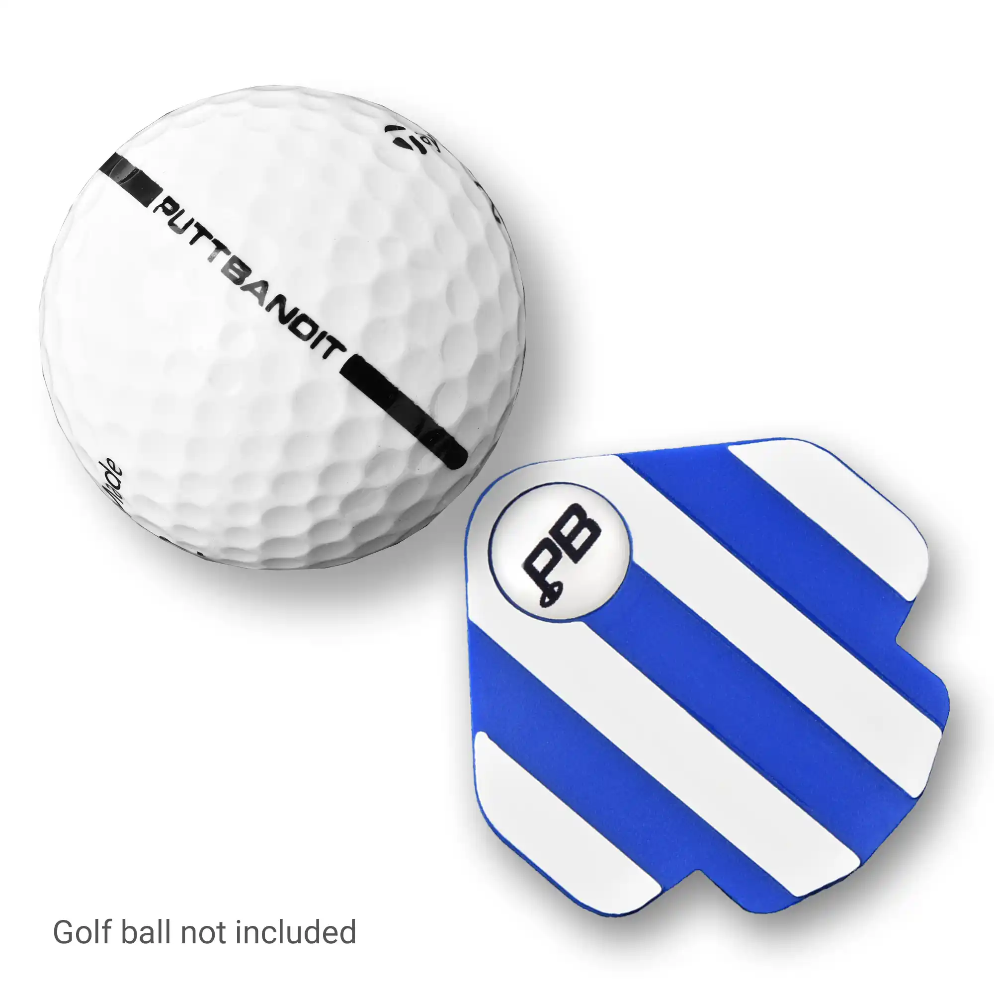 Puttbandit Classic blue golf ball marker top view with golf ball, not included text