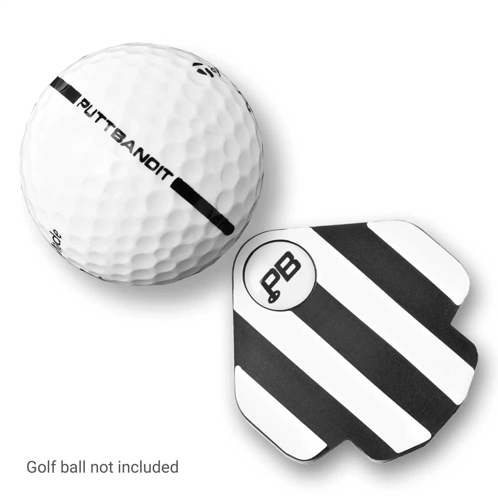 Puttbandit Classic black golf ball marker top view with golf ball, not included text