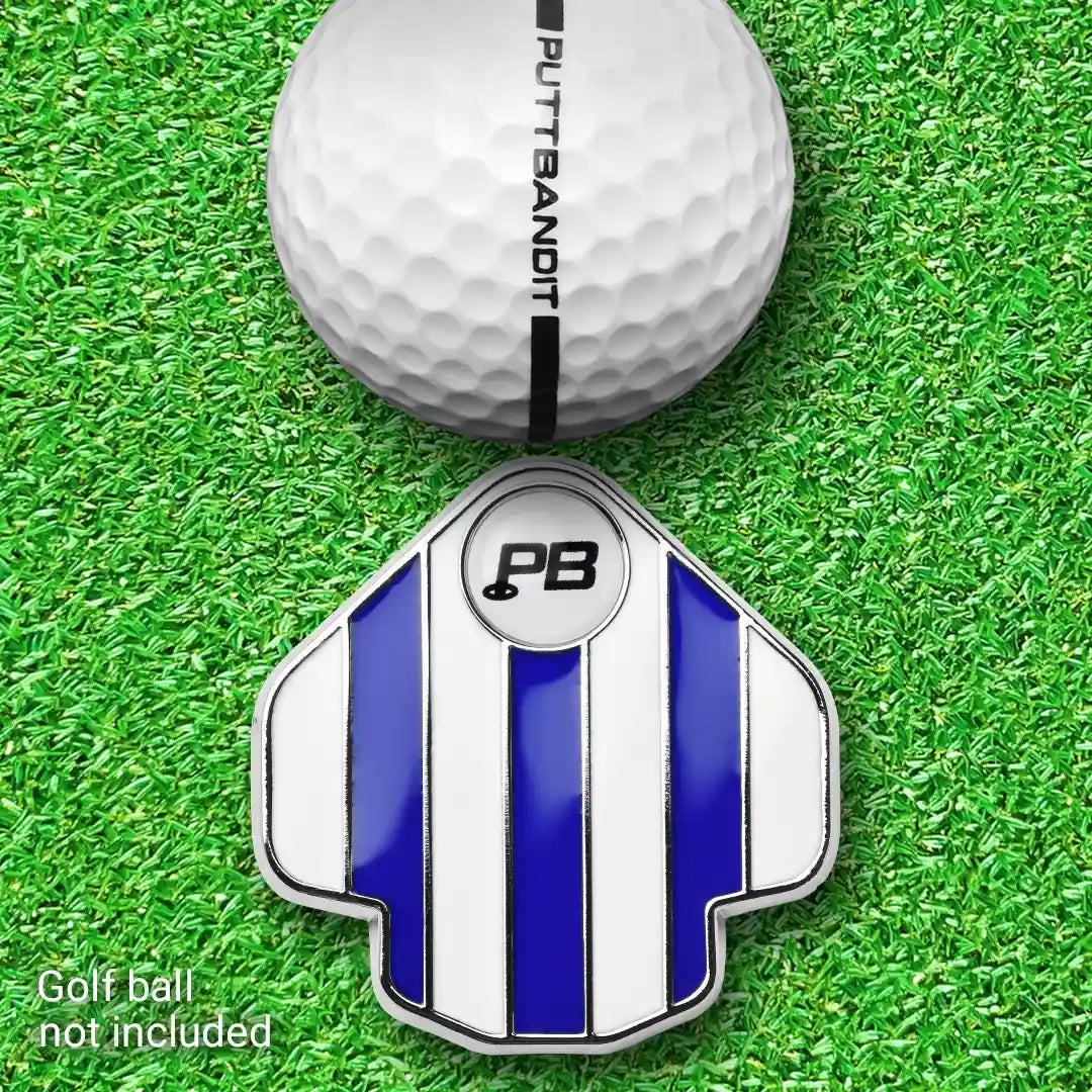 PuttBANDIT LP blue golf ball marker top view with golf ball on grass, ball not included text