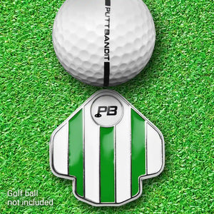 PuttBANDIT LP green golf ball marker top view with golf ball on grass, ball not included text