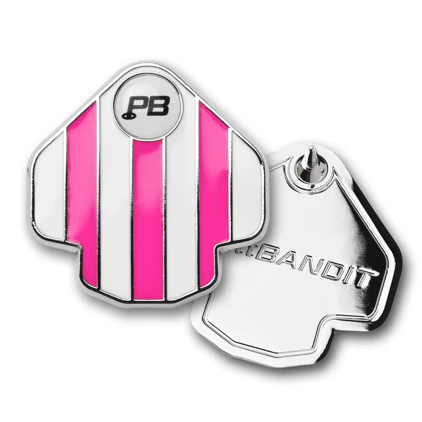 PuttBANDIT LP pink ball marker top surface and polished metal baseplate