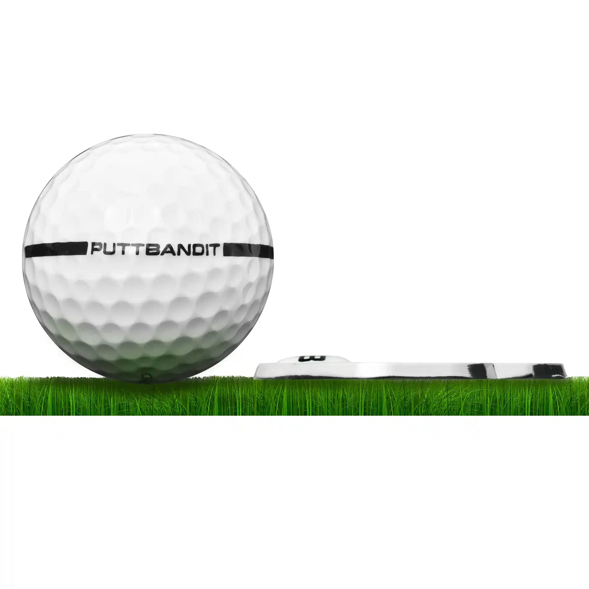 PuttBANDIT LP golf ball marker profile on grass with golf ball 