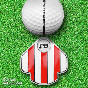 PuttBANDIT LP red ball marker top view with golf ball on grass, ball not included text