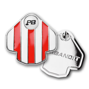 PuttBANDIT LP red ball marker top surface and polished metal baseplate