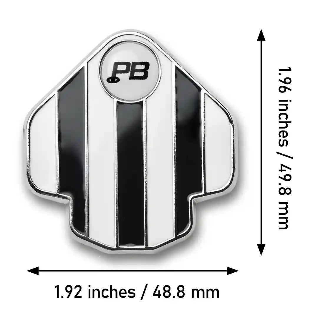 PuttBANDIT LP black golf ball marker size specifications text 1.96 inches by 1.92 inches