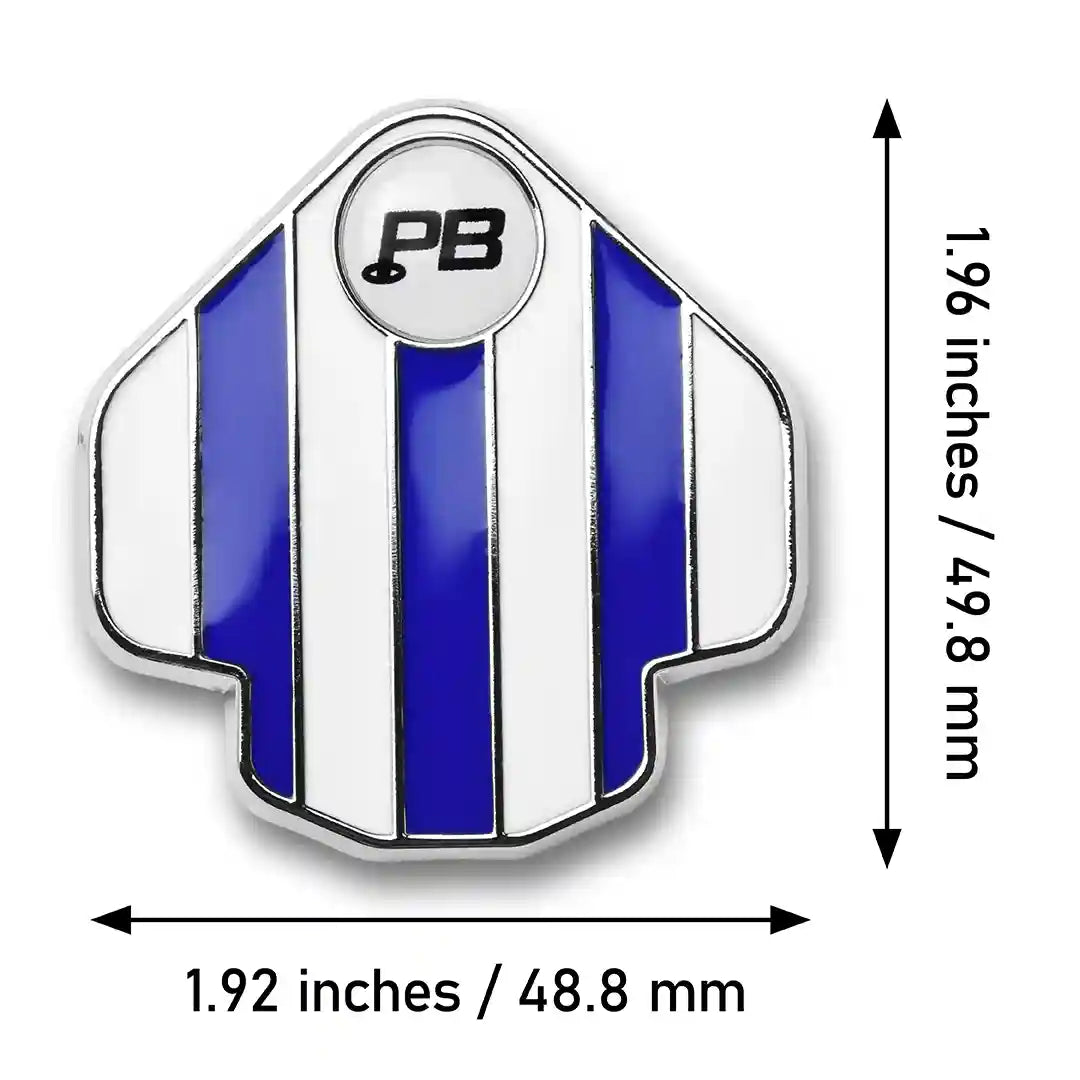 PuttBANDIT LP blue golf ball marker size specifications text 1.96 inches by 1.92 inches
