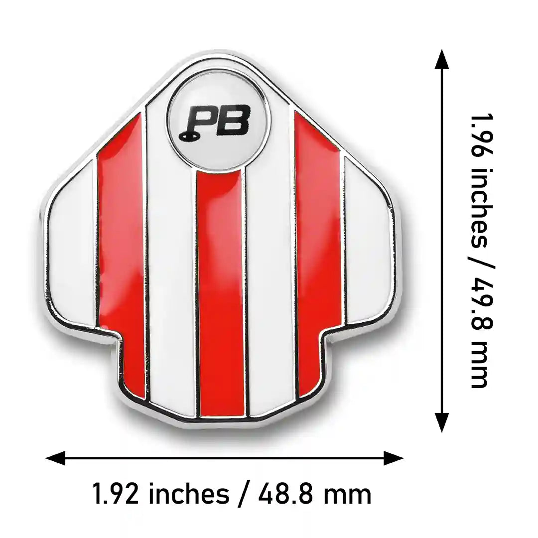 PuttBANDIT LP red golf ball marker size specifications text 1.96 inches by 1.92 inches